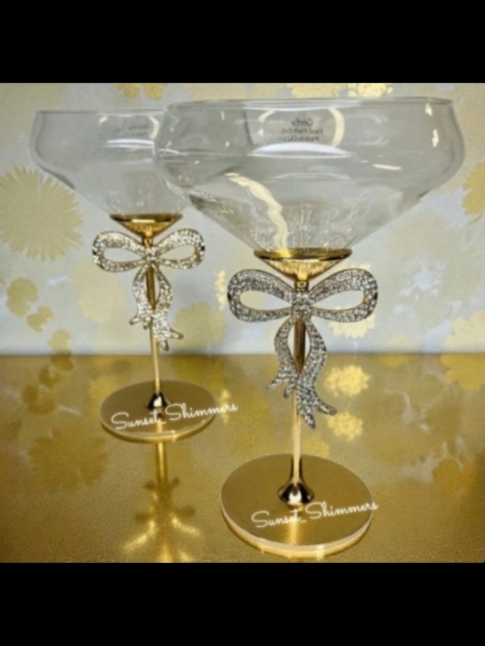 2pc Set Gold Metal Rhinestone Coquette Bow Coupe Cocktail Martini Glasses NEW